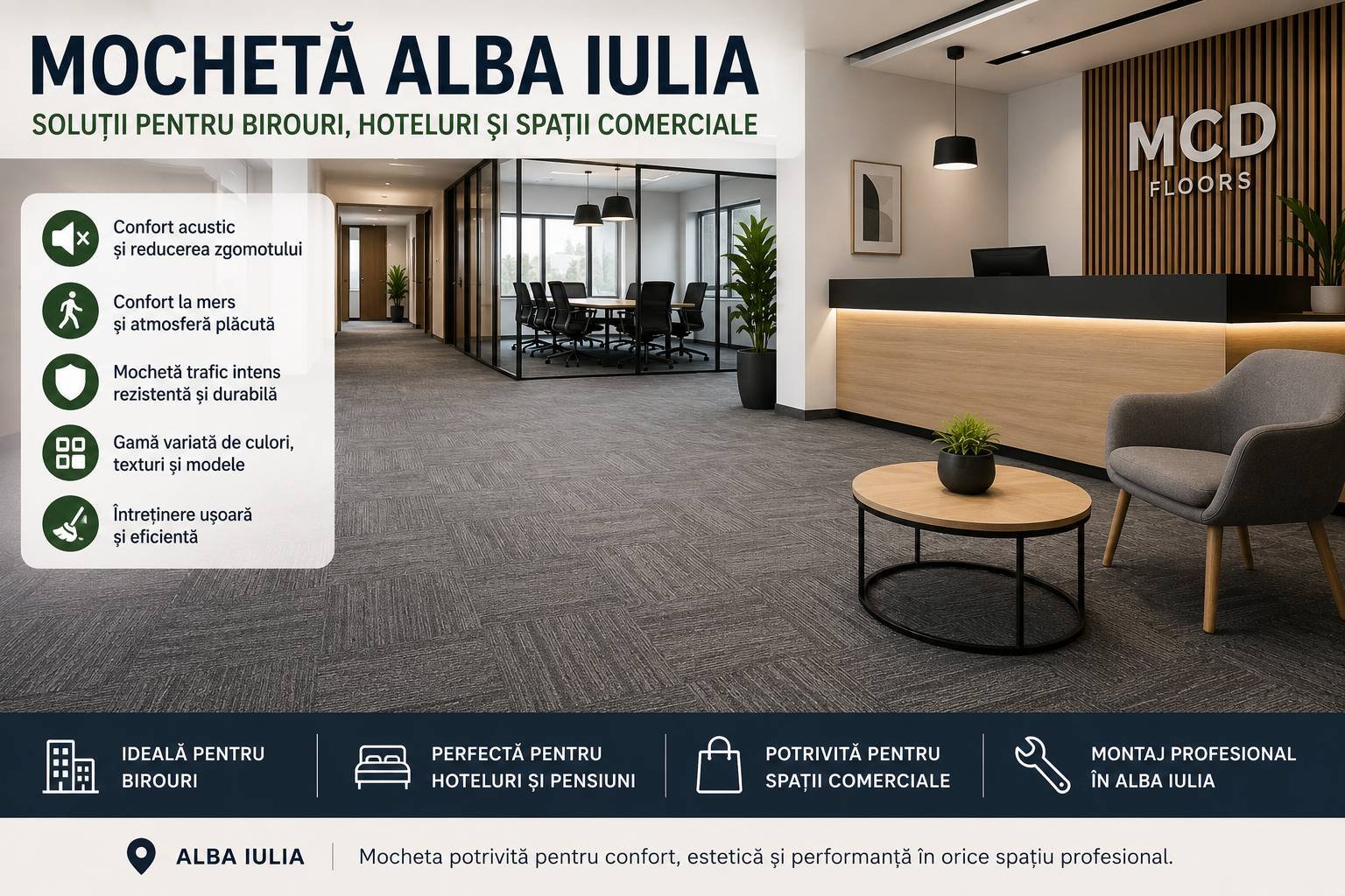 Mochetă Alba Iulia – ghid complet pentru birouri, hoteluri și spații comerciale