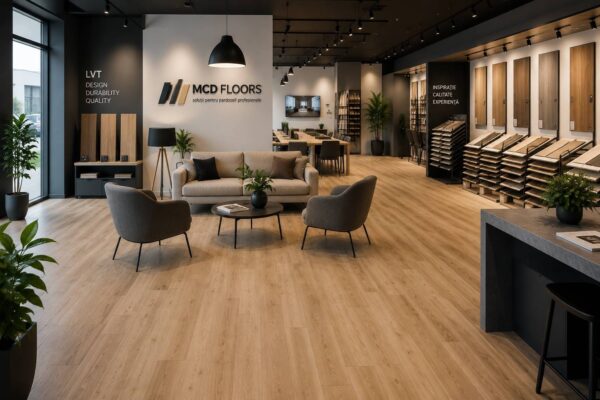 pardoseală LVT cu aspect de stejar și mobilier contemporan