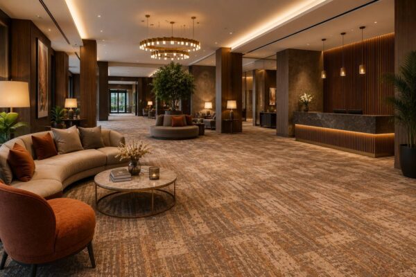 hotel amenajat cu mochetă Gerflor în nuanțe calde și mobilier premium