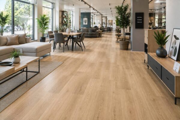 showroom cu pardoseală SPC în decor stejar deschis 